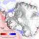 A map showing ocean temperatures and grounding line movement. The red arrows in West Antarctica illustrate the rapid retreat taking place in the region.